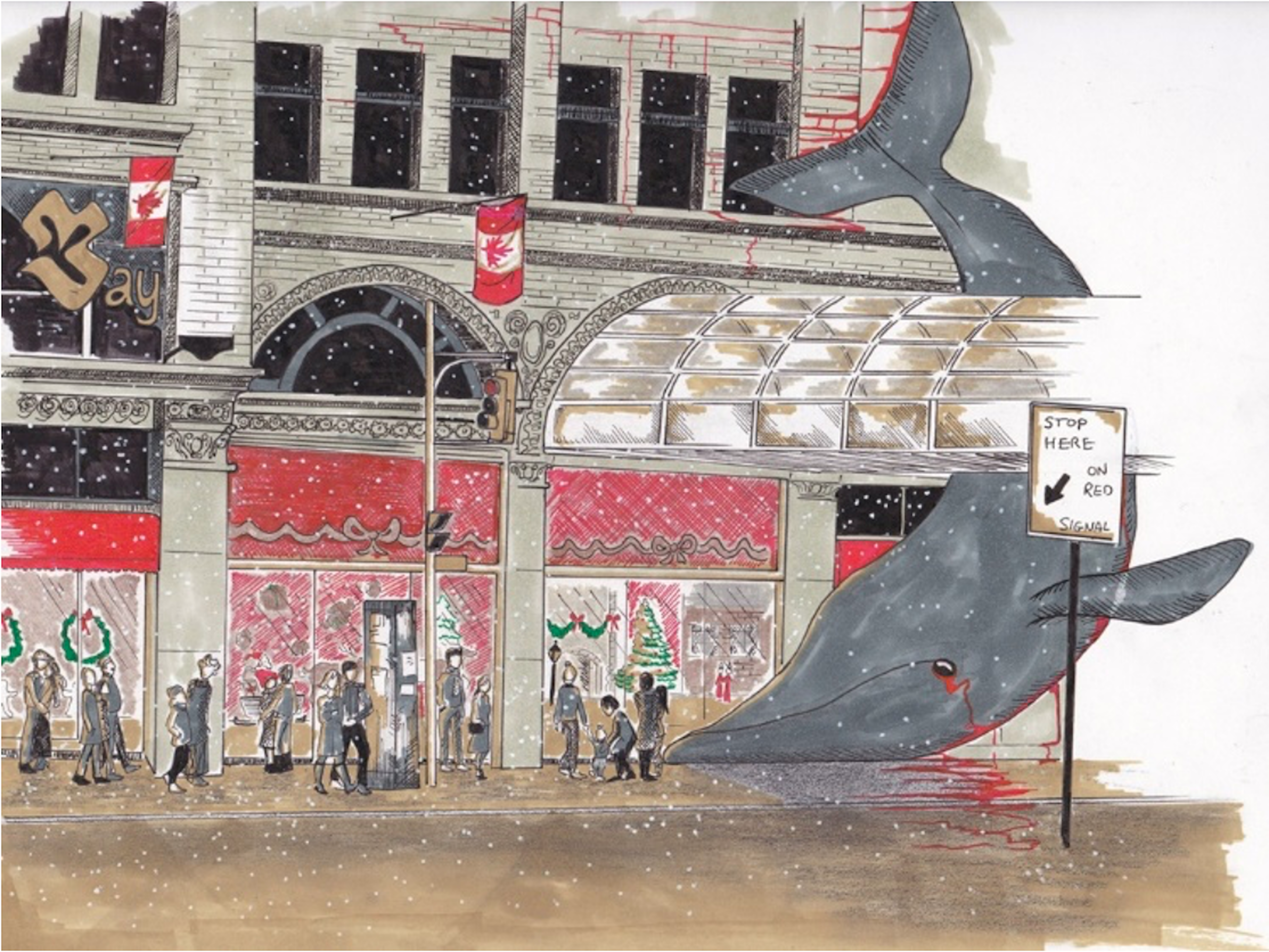 Cover Art: A colour-drawing of a Toronto street scene. Shoppers are looking at a Christmas display while a whale lays beside them on the the sidewalk. Drawn by Golbon Moltaji