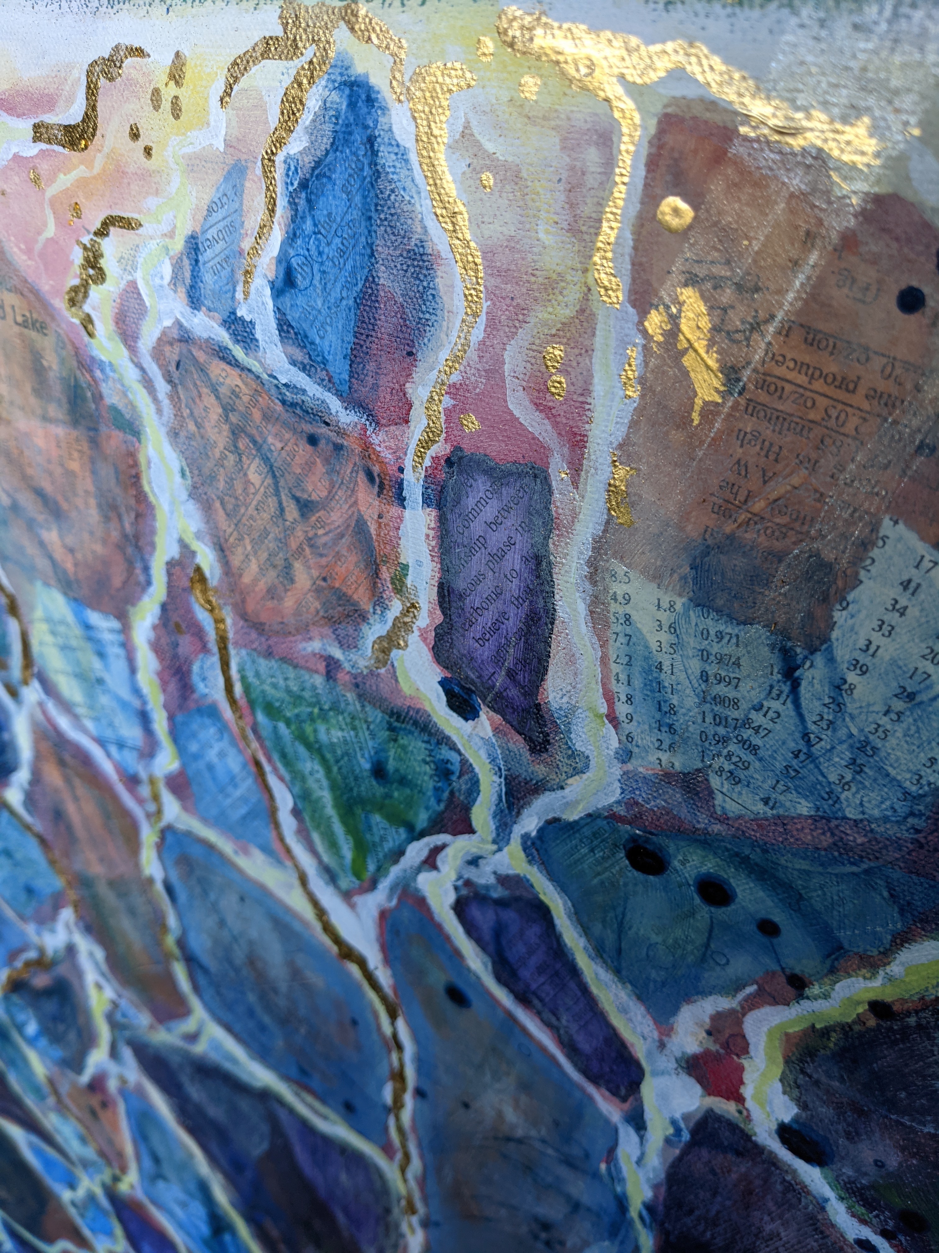 Detail of a mixed-media acrylic painting, Red Lake, by Sandra Johnstone, showing irregular disrupted blocks of text and numbers, painted in shades of blue, purple, orange and green, with the gaps between blocks highlighted by metallic gold leaf.