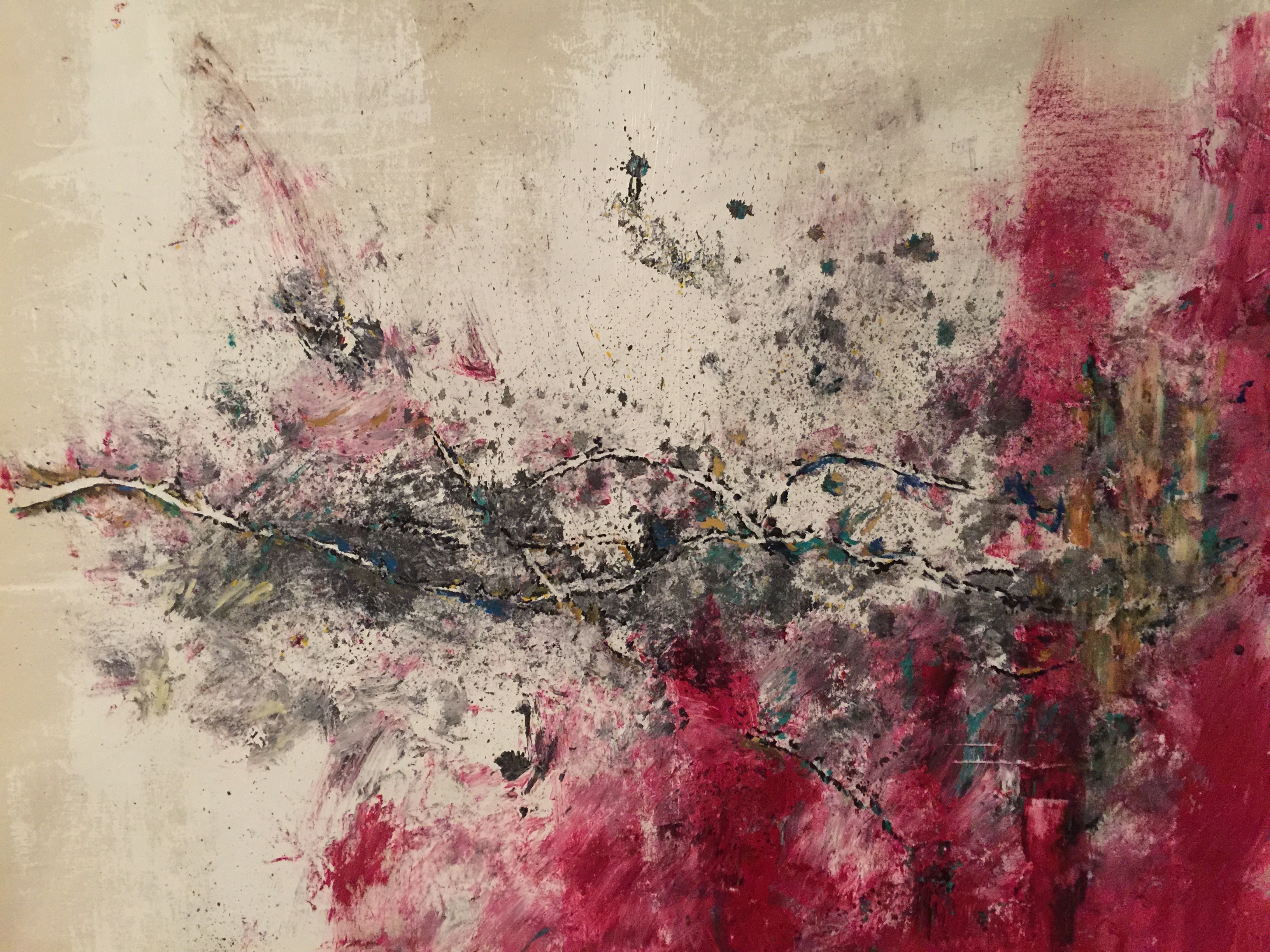 An abstract painting on raw canvas. Bright crimson originating in bottom right hand corner extends upward and sideways. Muddied spots of black ink, and grey, mustard, and teal paint overlay the crimson. A series of curved black lines extend horizontally across the centre of the painting, intersecting, and weaving. Smudged grey and black ink spots dot the canvas.