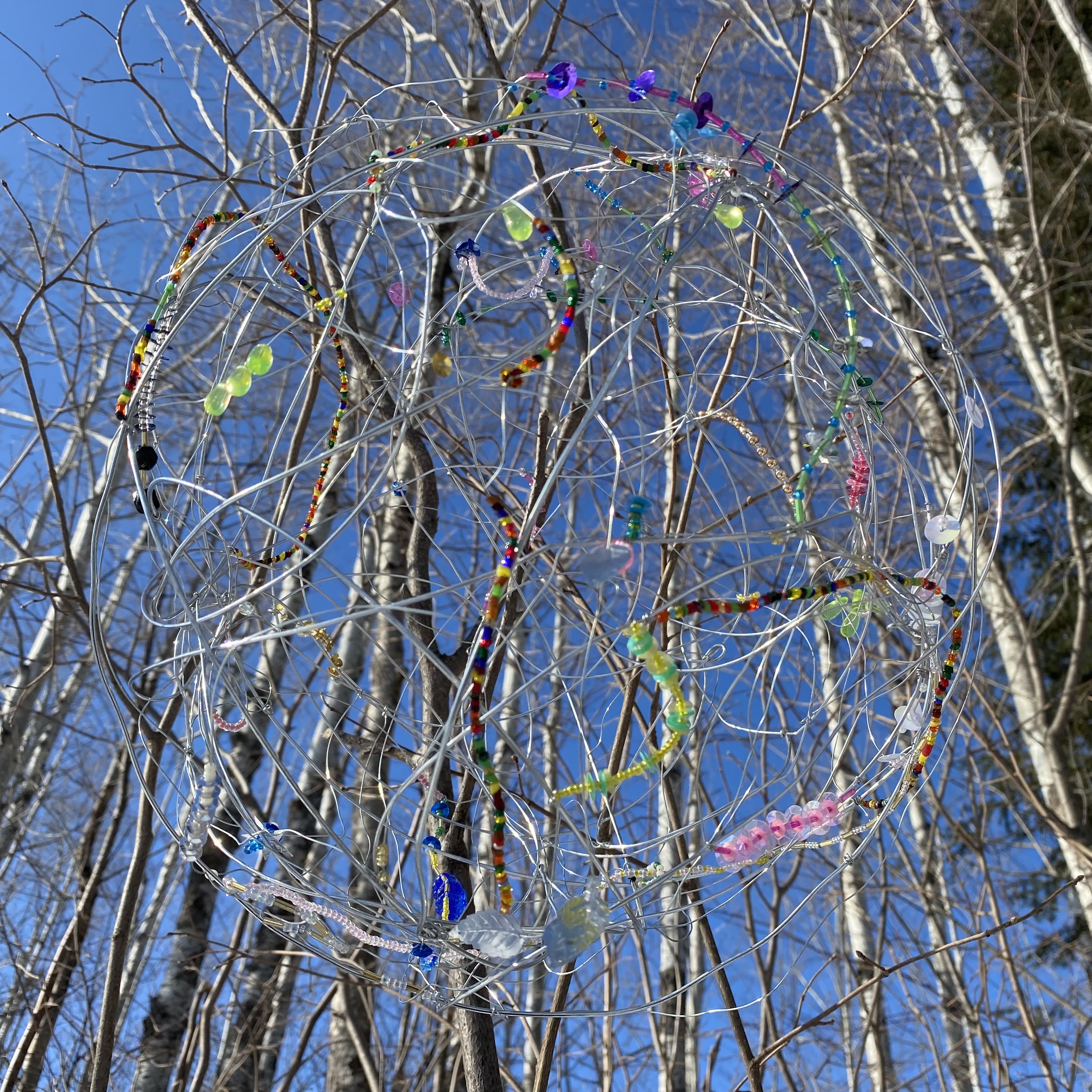 Chromosome Territories, 2022 (P. Sameshima). Artwork: wire and beads arranged in a circular manner against winter trees with blue sky in the background.