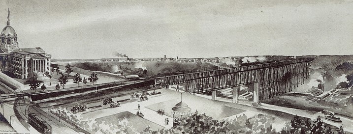 Watercolor image of the High Level Bridge under construction, ca. 1909