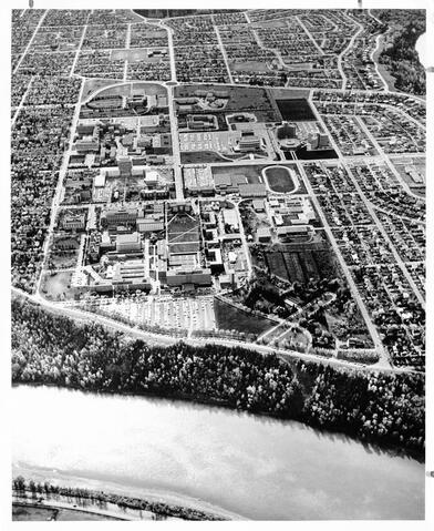 University of Alberta Archives, University of Alberta Campus, Aerial view of the University of Alberta campus and surrounding area, 1966.
