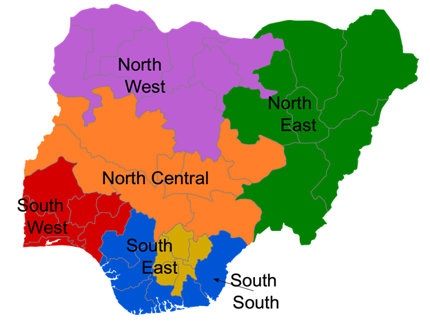 Map showing Nigeria's six geopolitical zones.