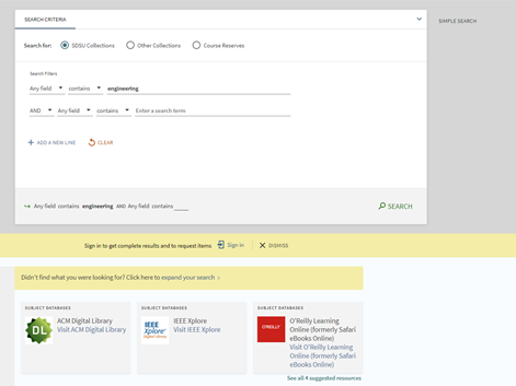 Screen shot of library catalog search results, with database recommendations.