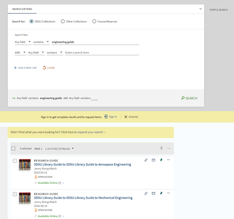 Screen shot of library catalog search results, with research guide recommendations.