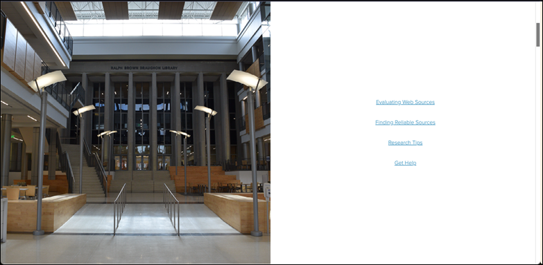 A screen shot of a web page with a photograph of a library building lobby on the left and textual links on the right.