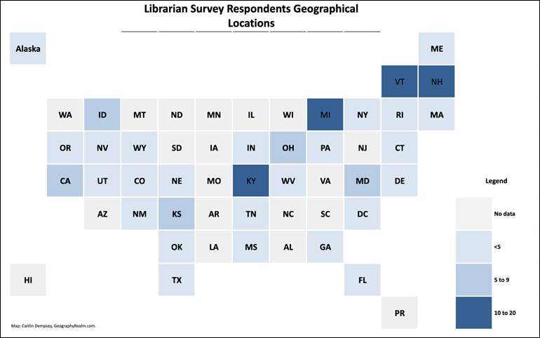 A graphic map of the United States, with states represented by squares colored based on frequency of respondents’ state of residence.