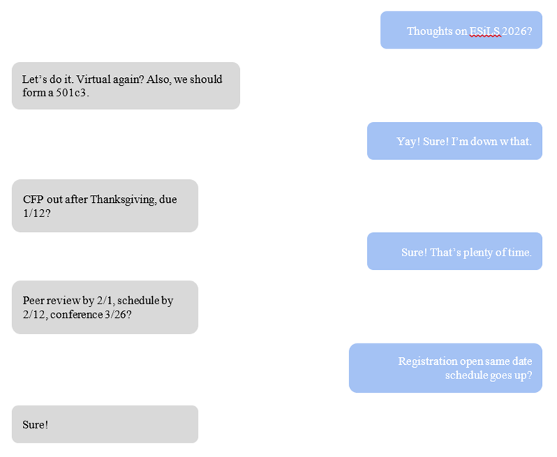 Screen shot of text conversation about planning for the next conference in 2026