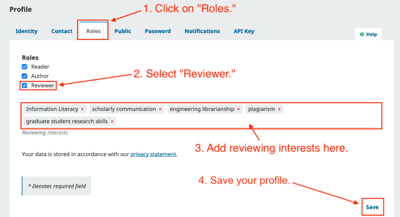 Section in the open journal system where you can add your reviewing interests.