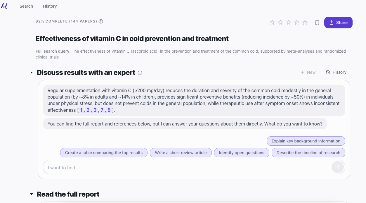 Fig. 3 Undermind’s response to a basic search query in biomedicine, “Is vitamin c effective in treating common cold?–find meta-analyses and randomized clinical trials”
