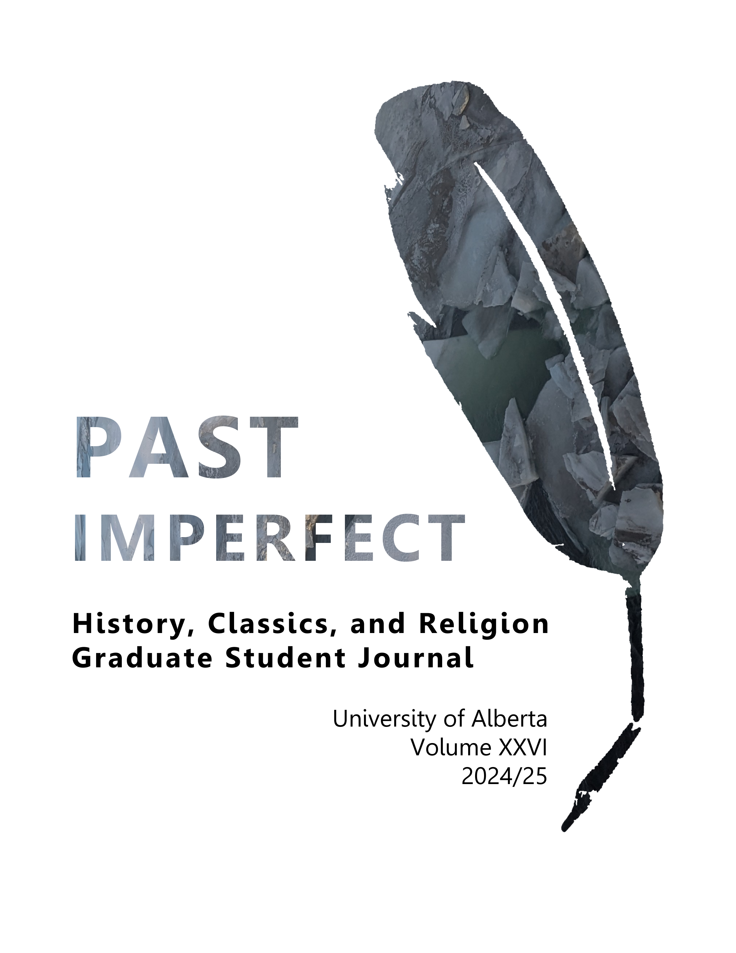Cover page for Past Imperfect Volume 26 with cut-out image of a broken quill over river ice.